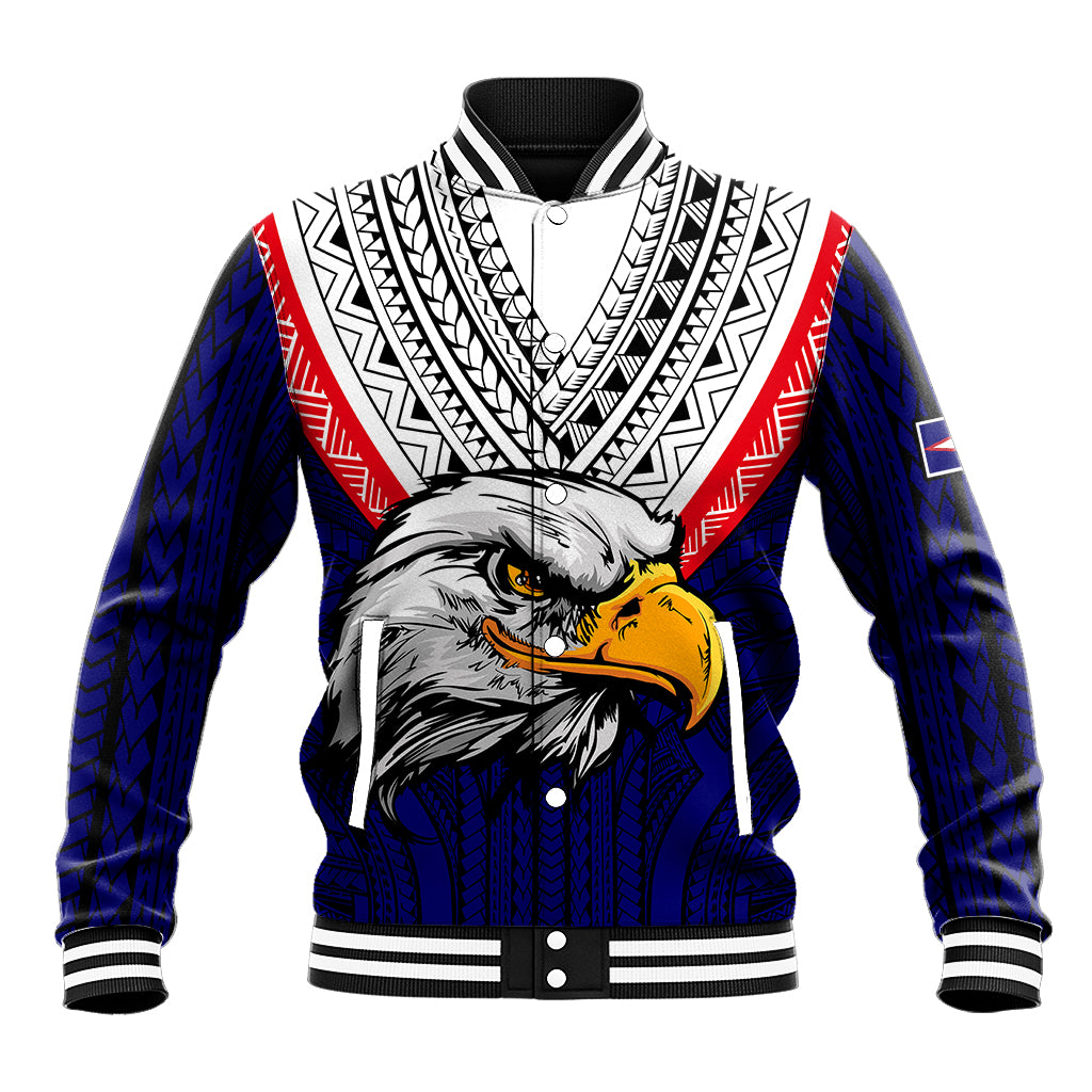 American Samoa Baseball Jacket Bald Eagle with Polynesian Pattern LT9 Unisex Blue - Polynesian Pride