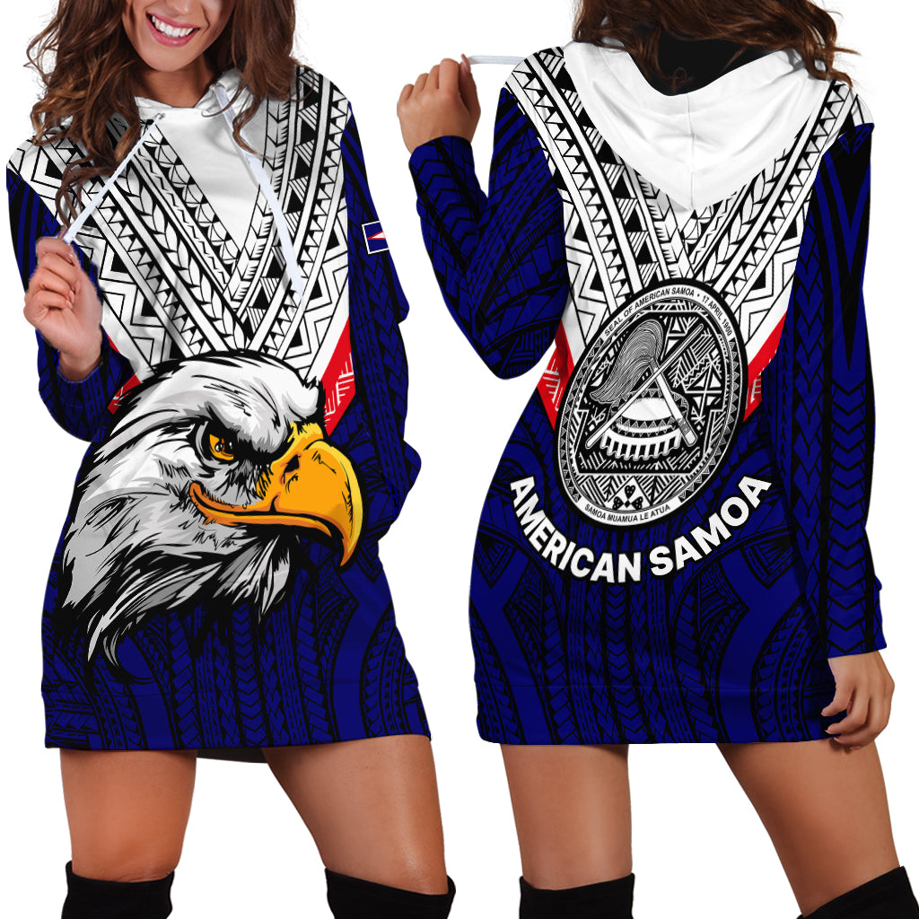 American Samoa Hoodie Dress Bald Eagle with Polynesian Pattern LT9 Blue - Polynesian Pride