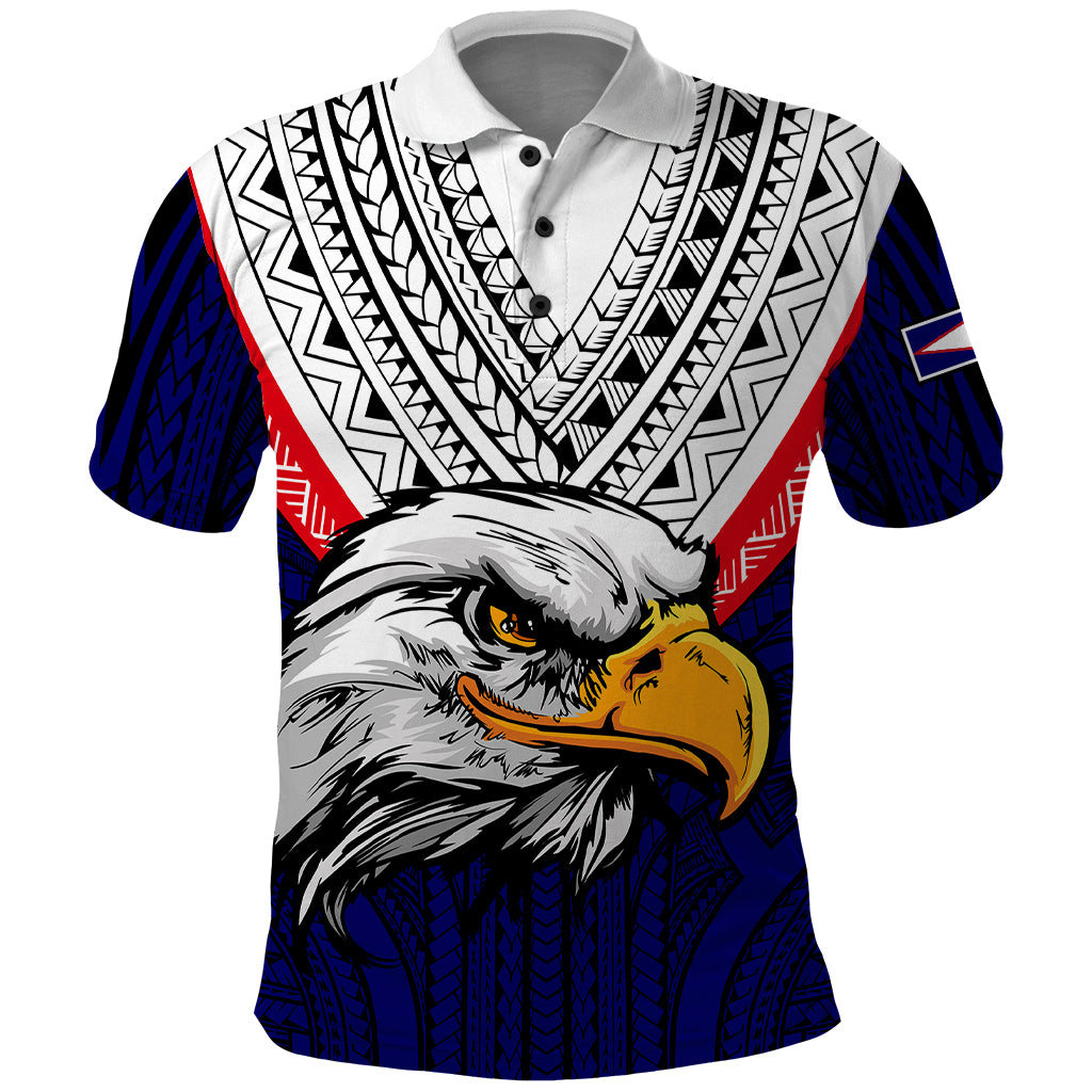 American Samoa Polo Shirt Bald Eagle with Polynesian Pattern LT9 Blue - Polynesian Pride