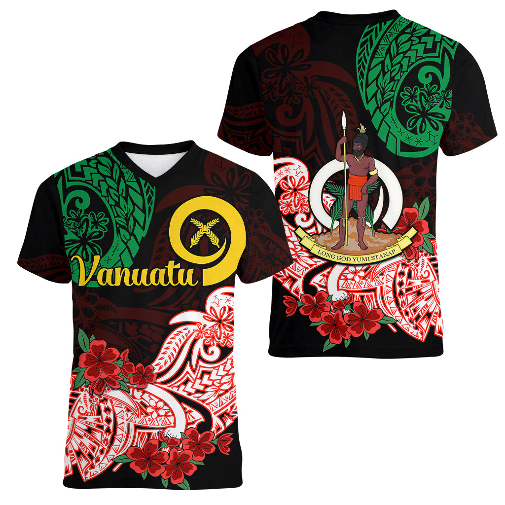 Vanuatu Women V Neck T Shirt Polynesian Floral Tribal LT9 Female Black - Polynesian Pride
