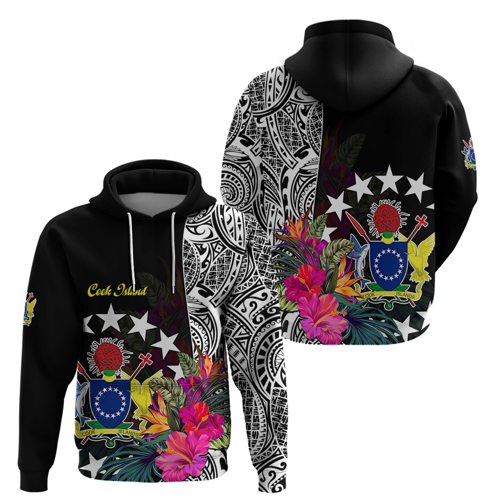 Cook Island Hoodie Tribal Polynesian and Tropical Flowers LT9 Pullover Hoodie Black - Polynesian Pride