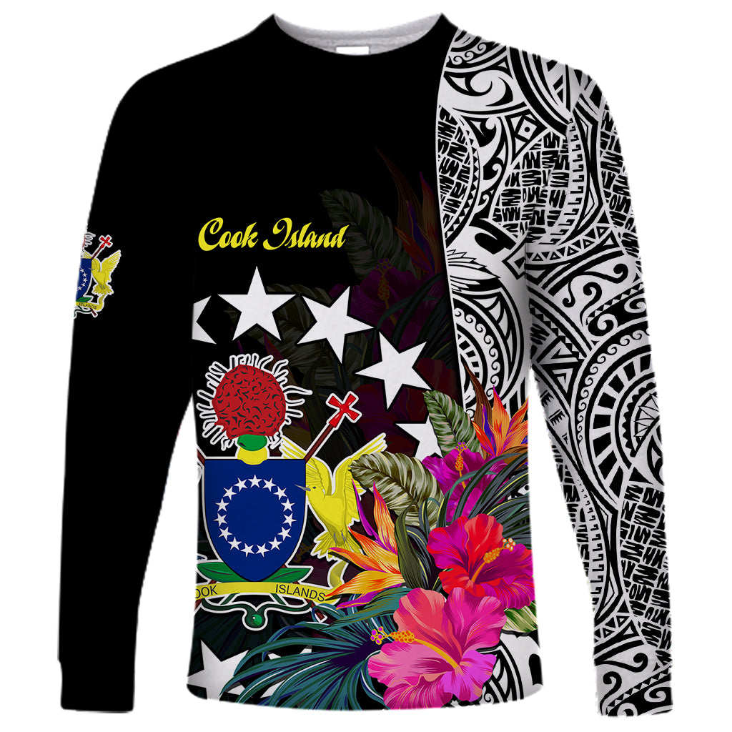 Cook Island Long Sleeve Shirt Tribal Polynesian and Tropical Flowers LT9 Unisex Black - Polynesian Pride