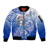 Northern Mariana Islands Sleeve Zip Bomber Jacket Polynesian Floral Tribal LT9 Unisex Blue - Polynesian Pride