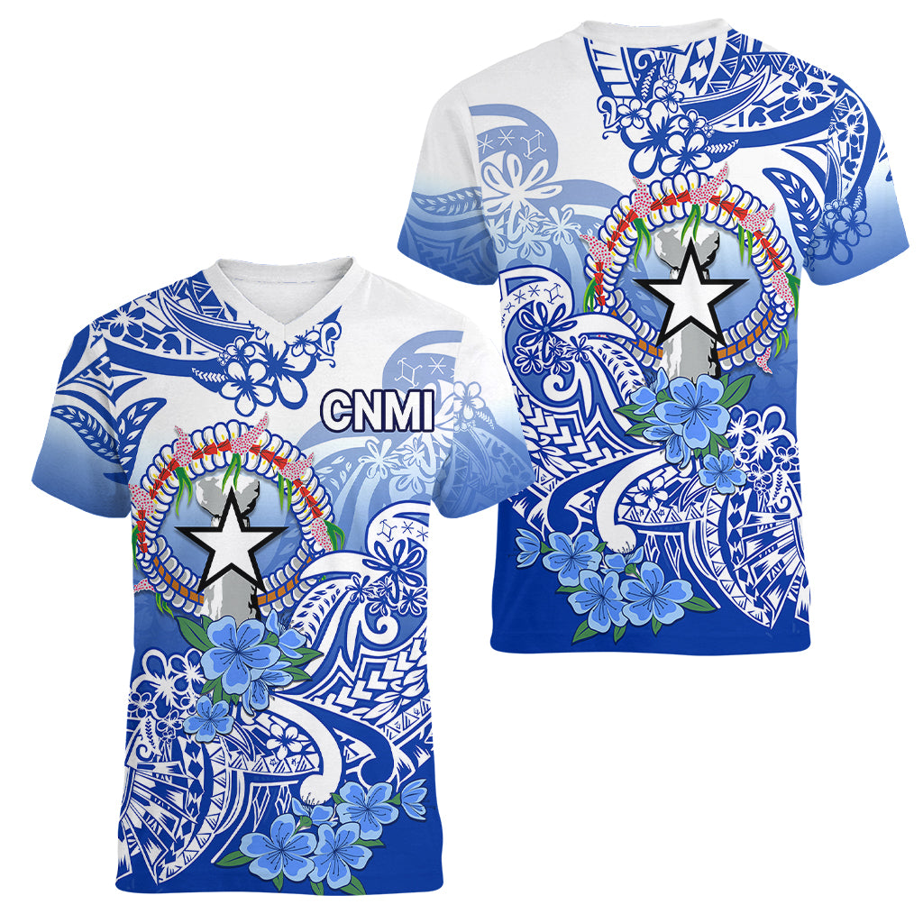 Northern Mariana Islands Women V Neck T Shirt Polynesian Floral Tribal LT9 Female Blue - Polynesian Pride