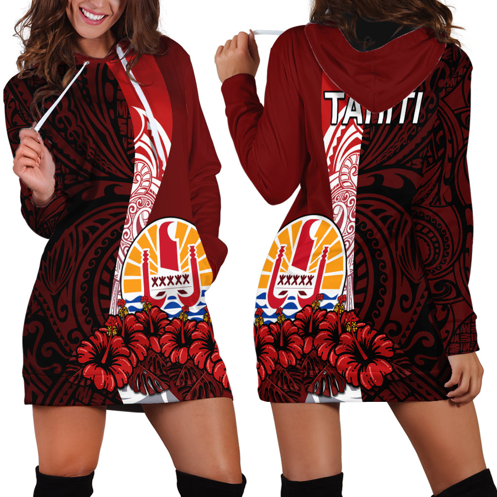 Tahiti Hoodie Dress Polynesian Coat Of Arm With Hibiscus LT9 Red - Polynesian Pride