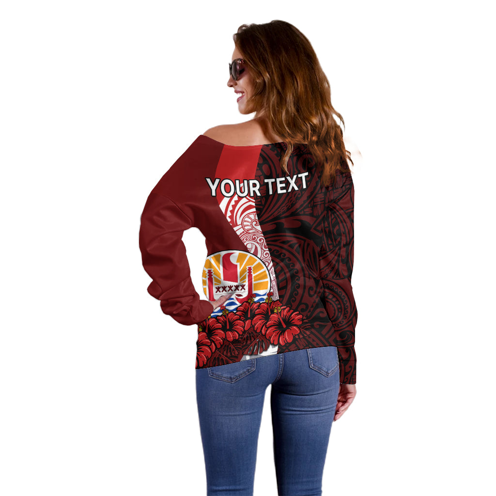 (Custom Personalised) Tahiti Off Shoulder Sweater Polynesian Coat Of Arm With Hibiscus LT9 - Polynesian Pride