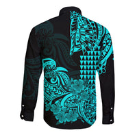 Hawaii Kakau Long Sleeve Button Shirt Polynesian Floral Tribal Aqua Version LT9 - Polynesian Pride