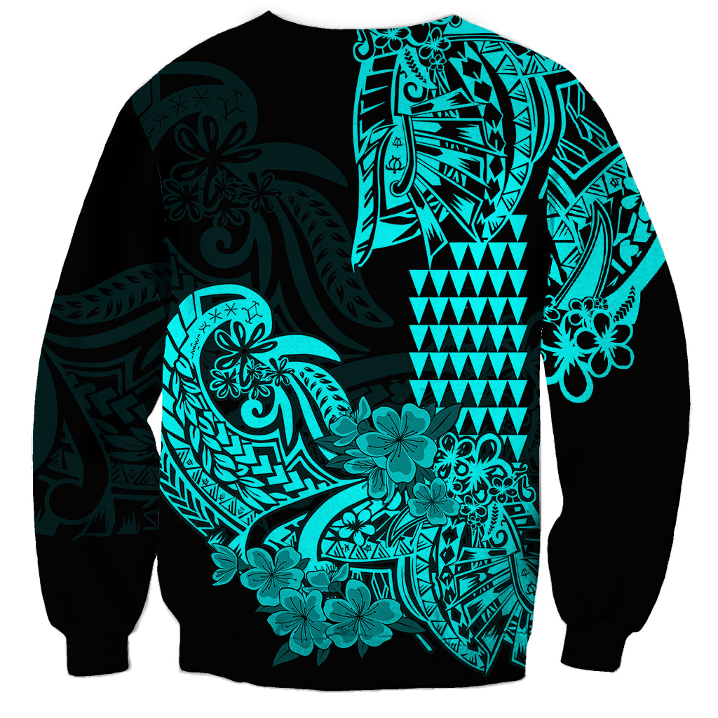 Hawaii Kakau Sweatshirt Polynesian Floral Tribal Aqua Version LT9 - Polynesian Pride