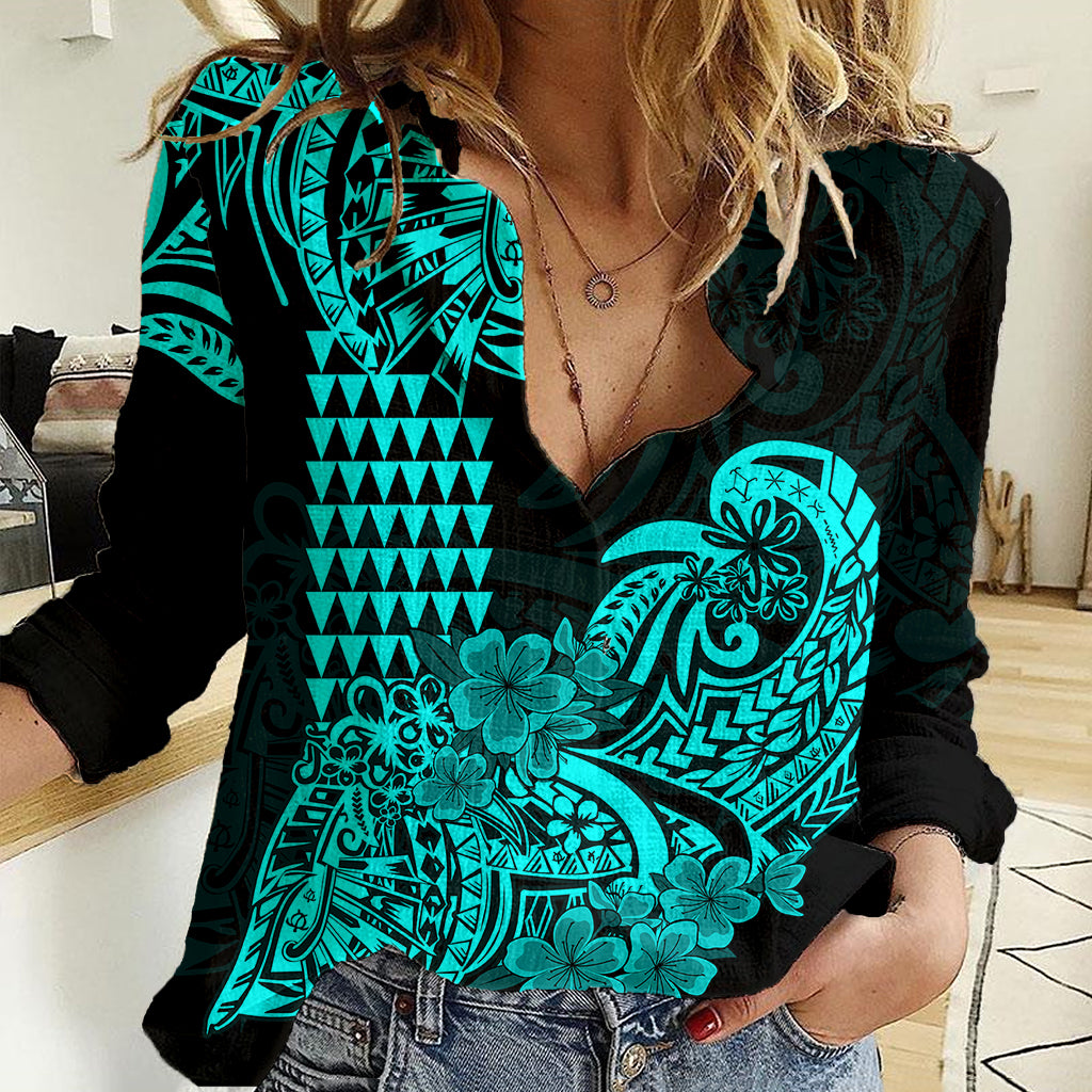Hawaii Kakau Women Casual Shirt Polynesian Floral Tribal Aqua Version LT9 Female Aqua - Polynesian Pride