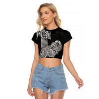 Hawaii Kakau Raglan Cropped T Shirt Polynesian Floral Tribal Black Version LT9 Female Black - Polynesian Pride