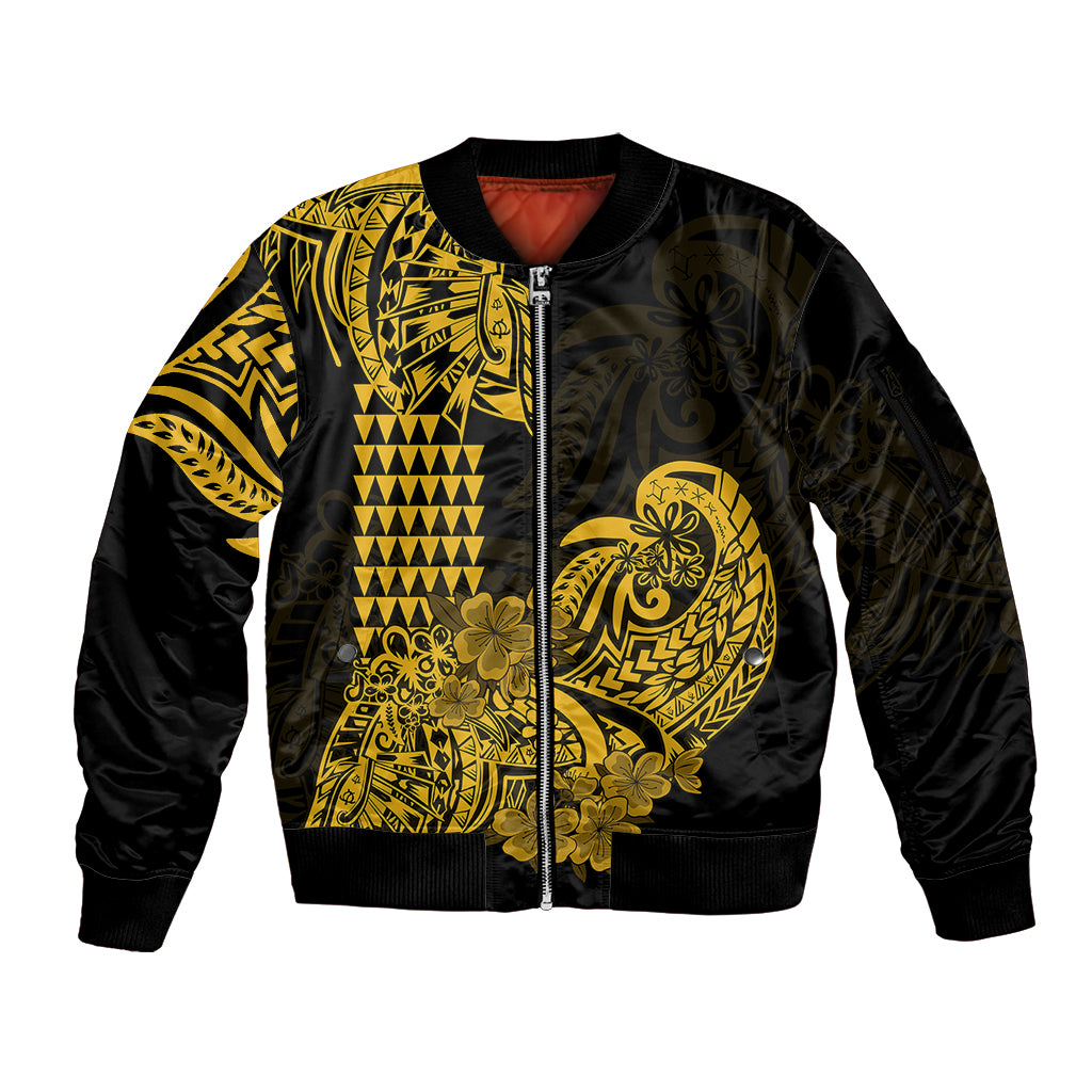 Hawaii Kakau Sleeve Zip Bomber Jacket Polynesian Floral Tribal Gold Version LT9 Unisex Gold - Polynesian Pride