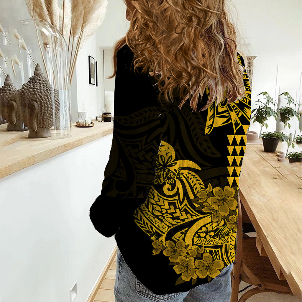 Hawaii Kakau Women Casual Shirt Polynesian Floral Tribal Gold Version LT9 - Polynesian Pride