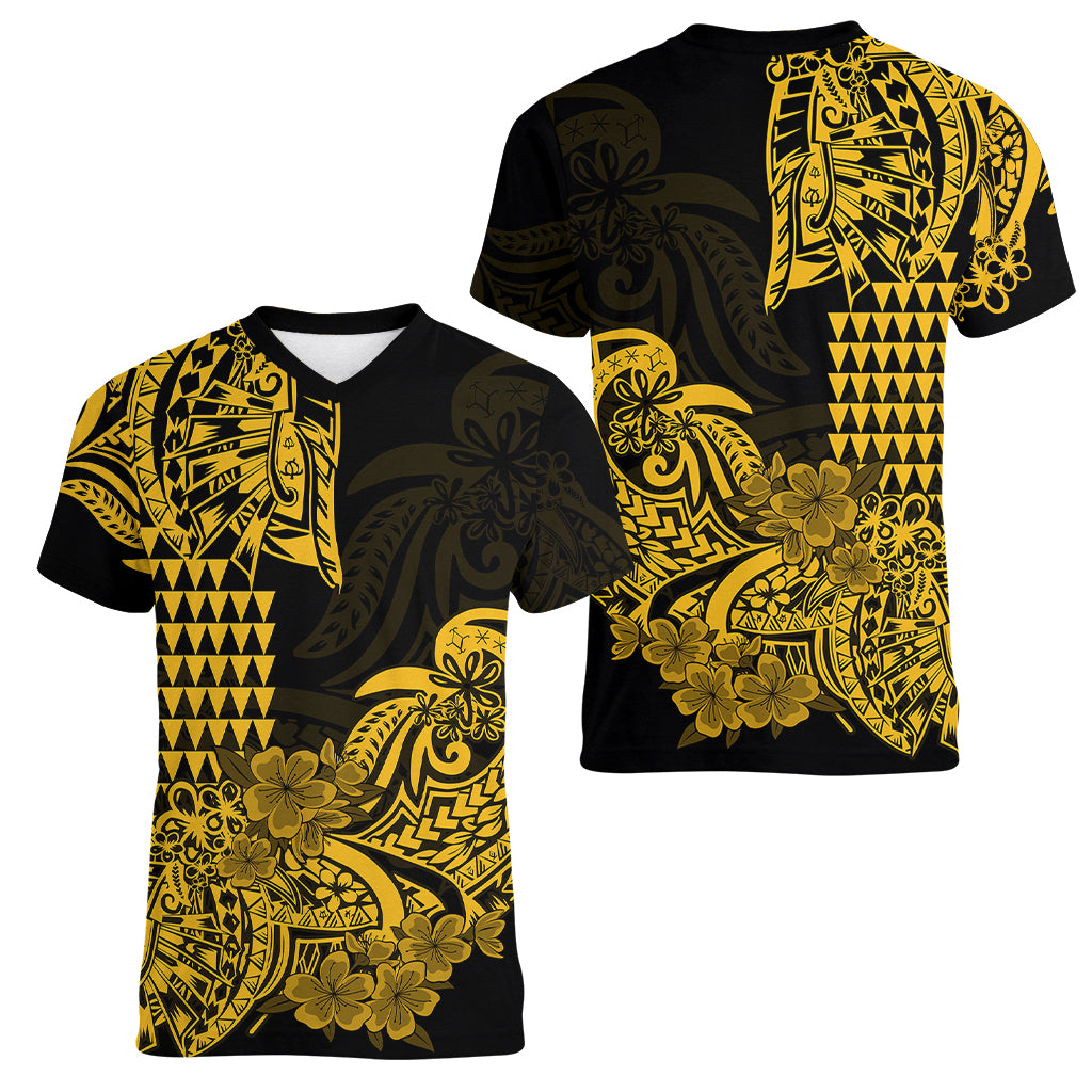 Hawaii Kakau Women V Neck T Shirt Polynesian Floral Tribal Gold Version LT9 Female Gold - Polynesian Pride