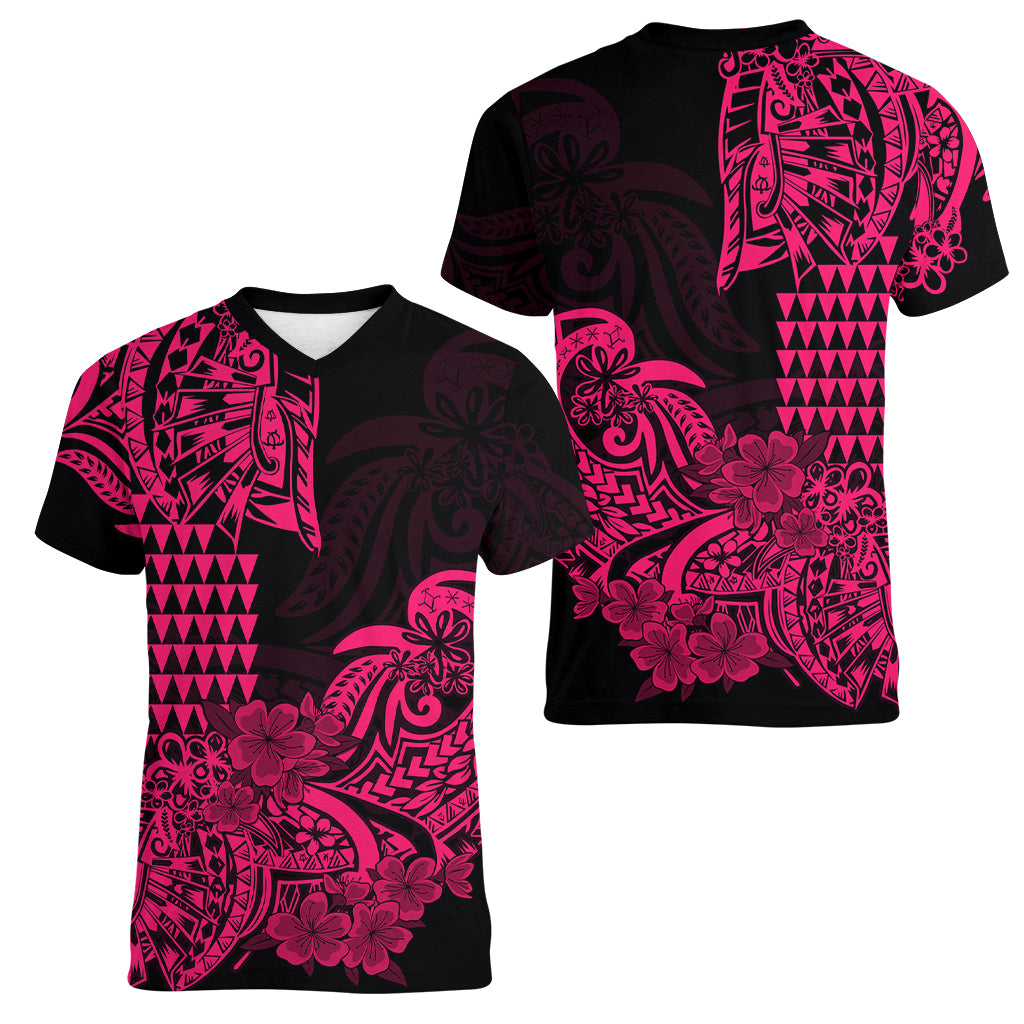 Hawaii Kakau Women V Neck T Shirt Polynesian Floral Tribal Pink Version LT9 Female Pink - Polynesian Pride