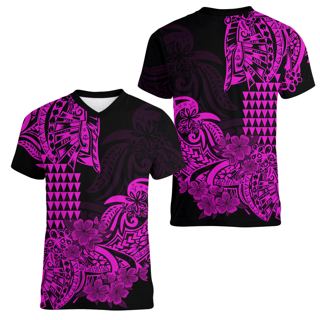 Hawaii Kakau Women V Neck T Shirt Polynesian Floral Tribal Purple Version LT9 Female Purple - Polynesian Pride