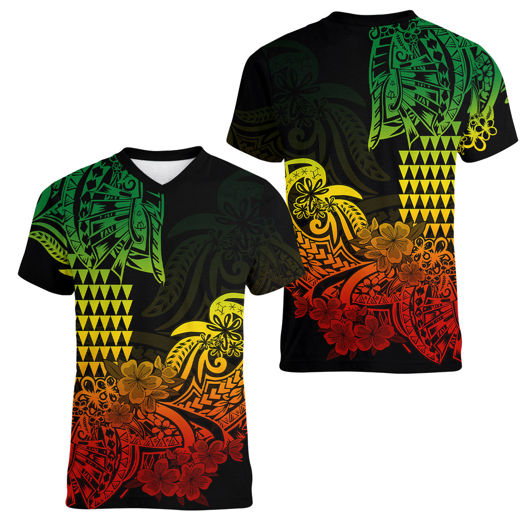 Hawaii Kakau Women V Neck T Shirt Polynesian Floral Tribal Reggae Version LT9 Female Reggae - Polynesian Pride