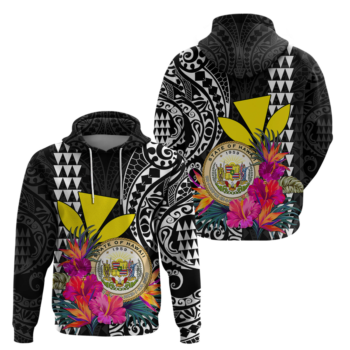 Kakau Tribal Hawaiian Kanaka Maoli Hoodie LT9 Black - Polynesian Pride