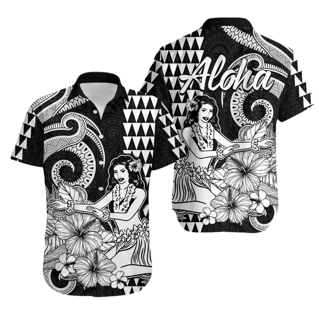 Aloha Hula Girl Hawaiian Tribal and Simple Kakau Hawaiian Shirt LT9 Black - Polynesian Pride