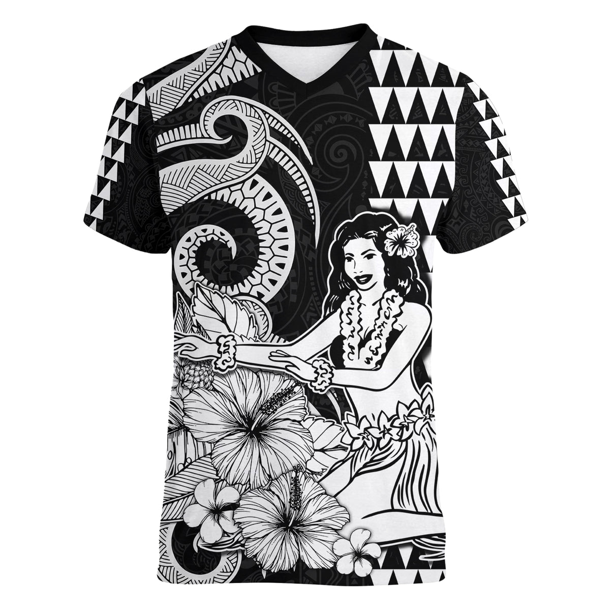 Aloha Hula Girl Hawaiian Tribal and Simple Kakau Women V Neck T Shirt LT9 - Polynesian Pride