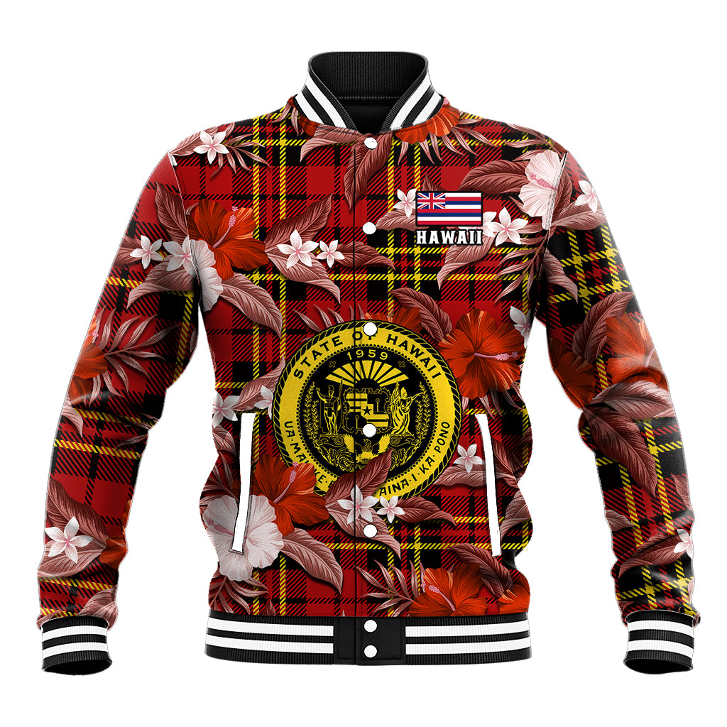 Hawaii State Baseball Jacket Tropical Flowers Mix Tartan Red Version LT14 Unisex Red - Polynesian Pride