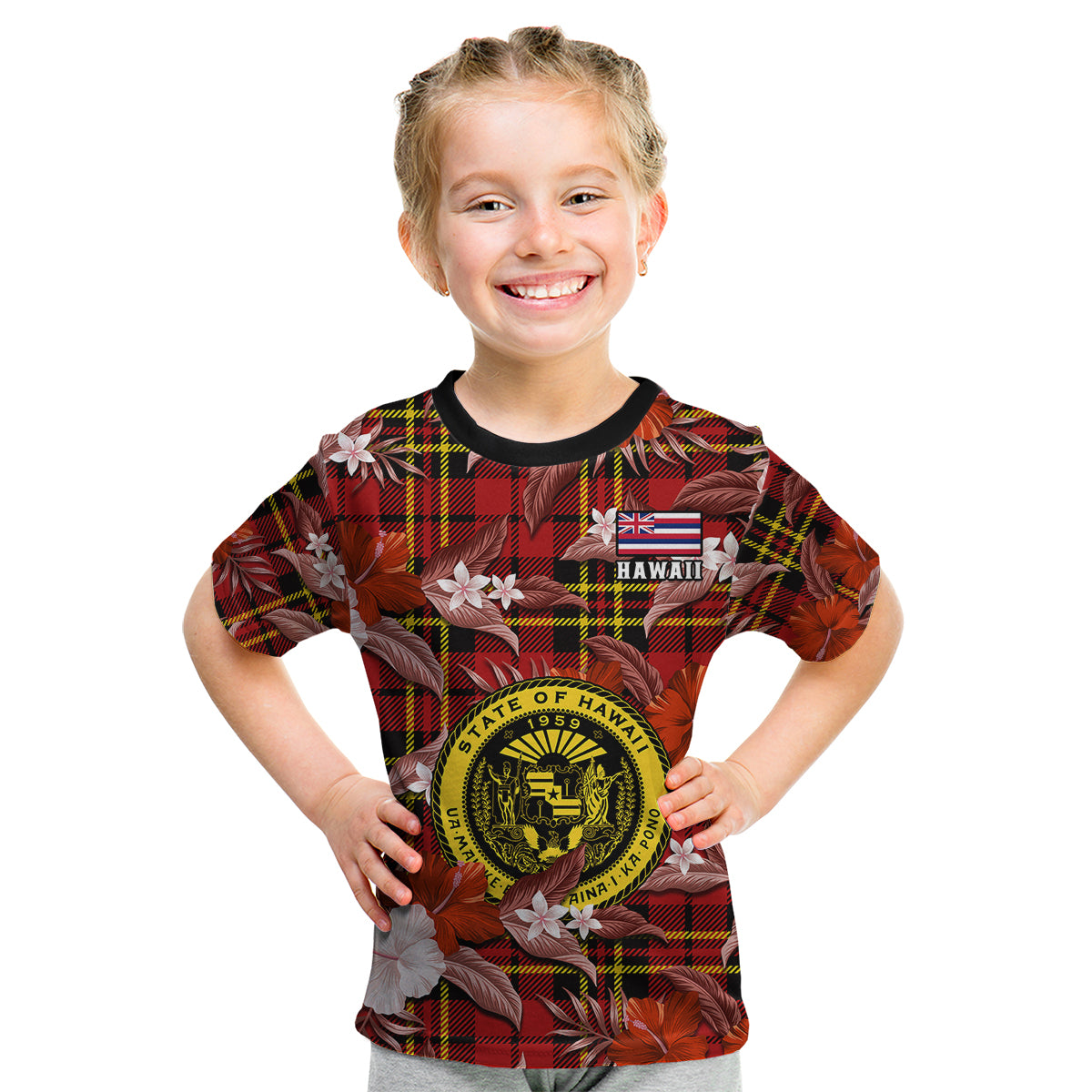 Hawaii State Kid T Shirt Tropical Flowers Mix Tartan Red Version LT14 - Polynesian Pride