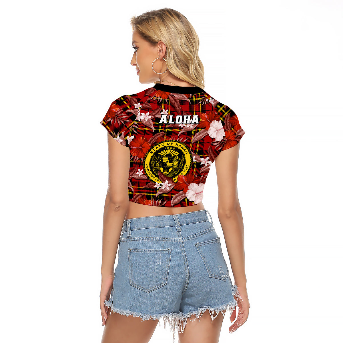 Hawaii State Raglan Cropped T Shirt Tropical Flowers Mix Tartan Red Version LT14 - Polynesian Pride