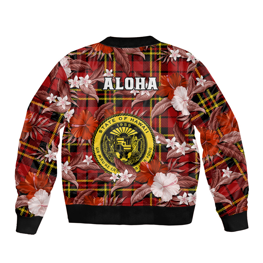 Hawaii State Sleeve Zip Bomber Jacket Tropical Flowers Mix Tartan Red Version LT14 - Polynesian Pride
