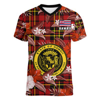 Hawaii State Women V Neck T Shirt Tropical Flowers Mix Tartan Red Version LT14 - Polynesian Pride