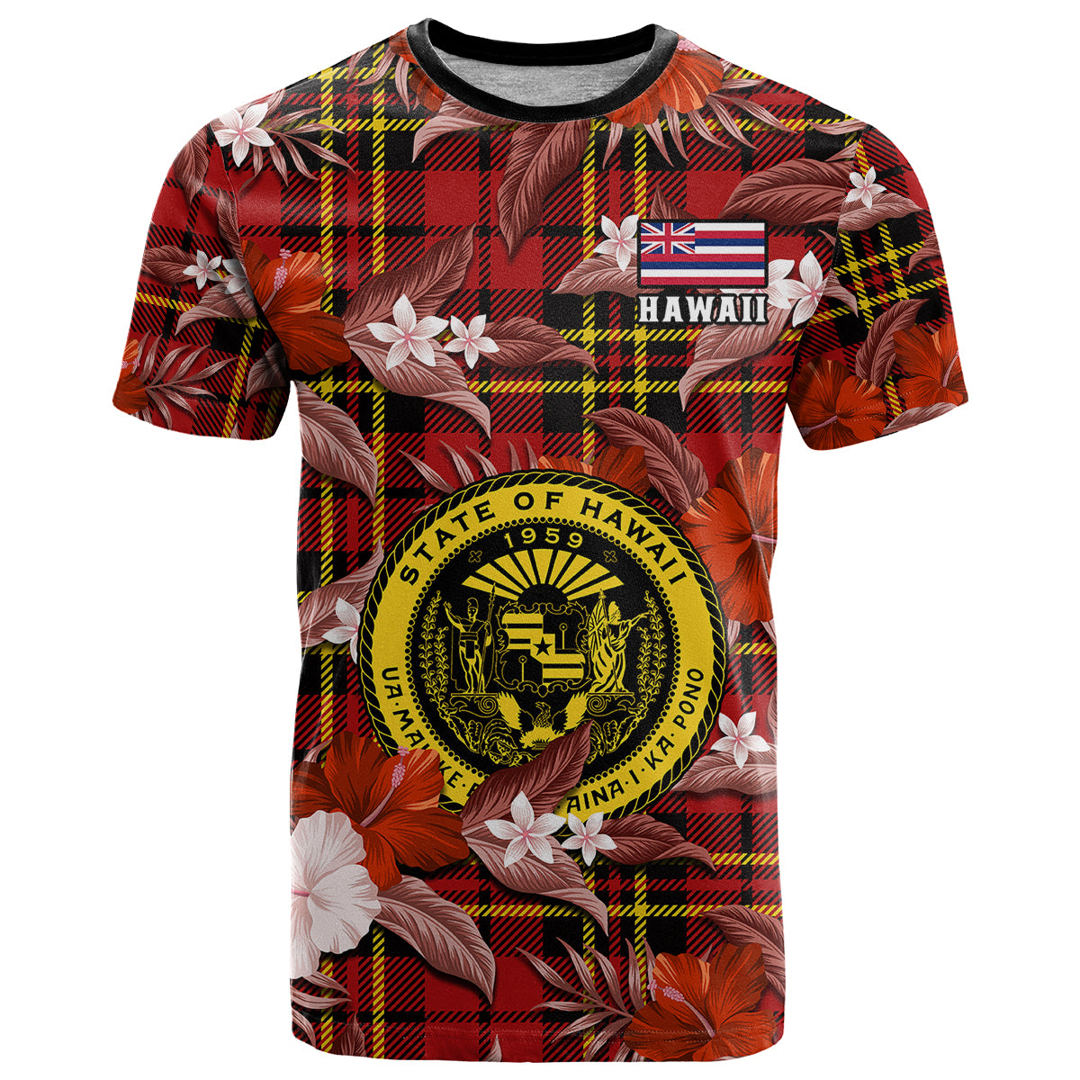 Custom Hawaii State T Shirt Tropical Flowers Mix Tartan Red Version LT14 Red - Polynesian Pride