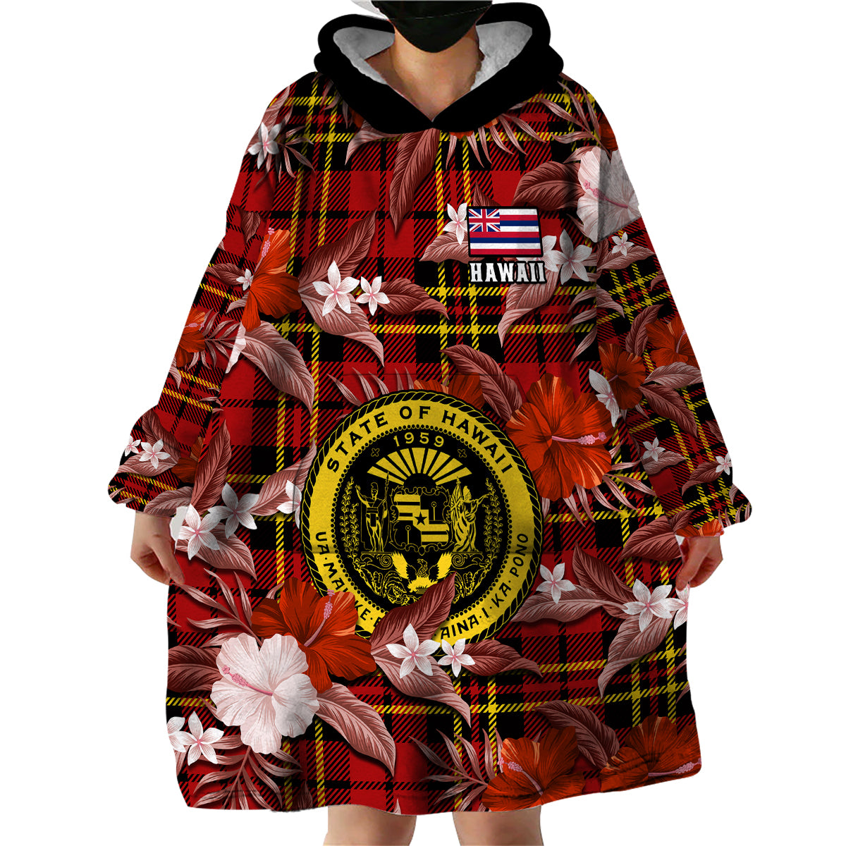 (Custom Personalised) Hawaii State Wearable Blanket Hoodie Tropical Flowers Mix Tartan Red Version LT14 - Polynesian Pride