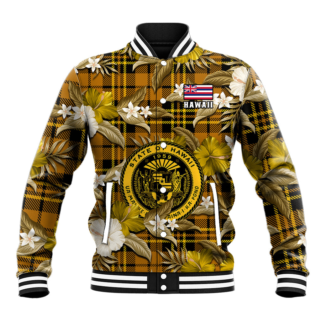 Hawaii State Baseball Jacket Tropical Flowers Mix Tartan Gold Version LT14 Unisex Gold - Polynesian Pride