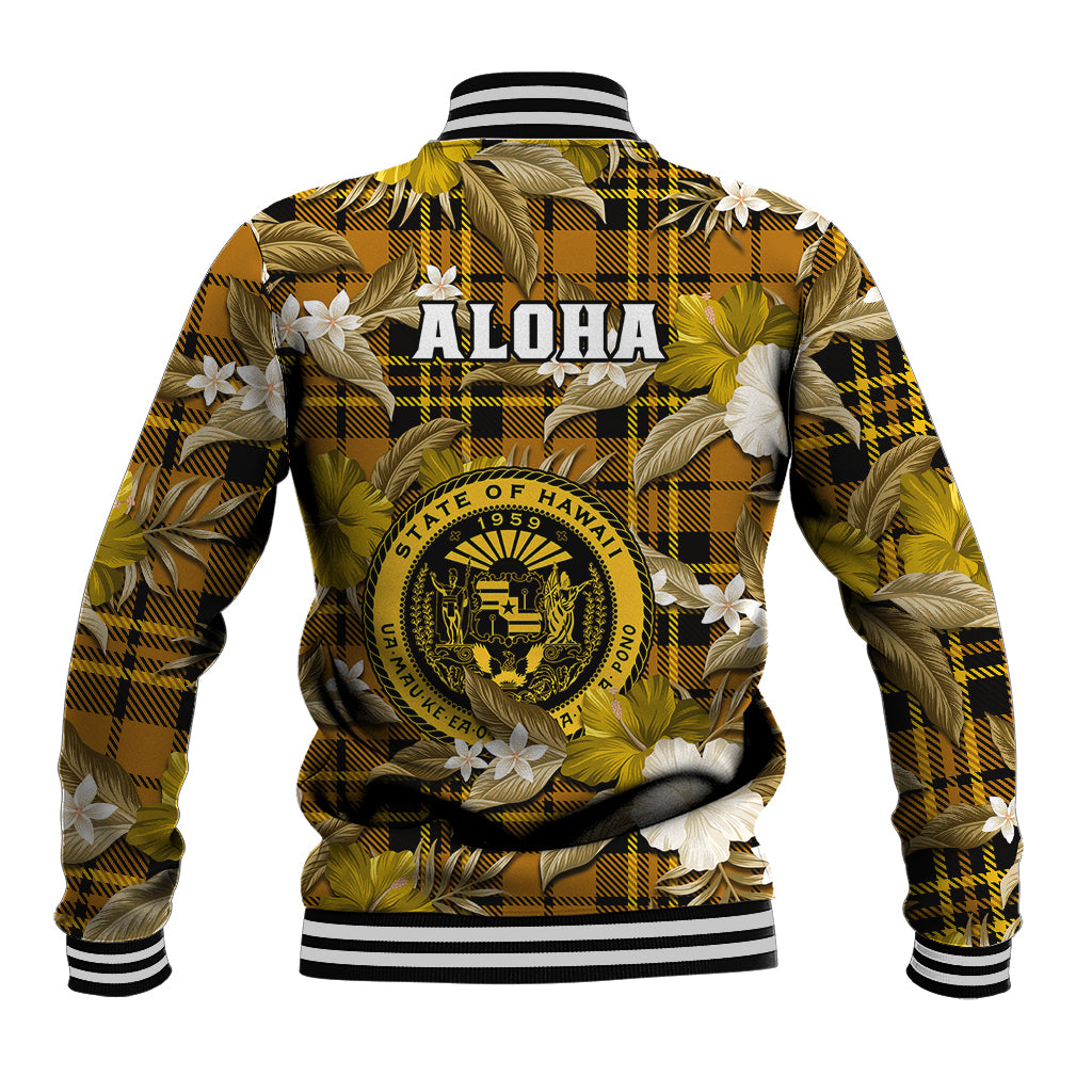 Hawaii State Baseball Jacket Tropical Flowers Mix Tartan Gold Version LT14 - Polynesian Pride