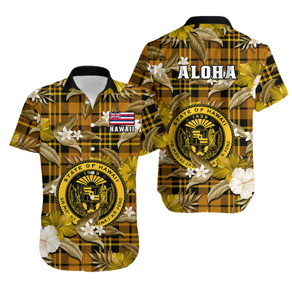 Hawaii State Hawaiian Shirt Tropical Flowers Mix Tartan Gold Version LT14 Gold - Polynesian Pride