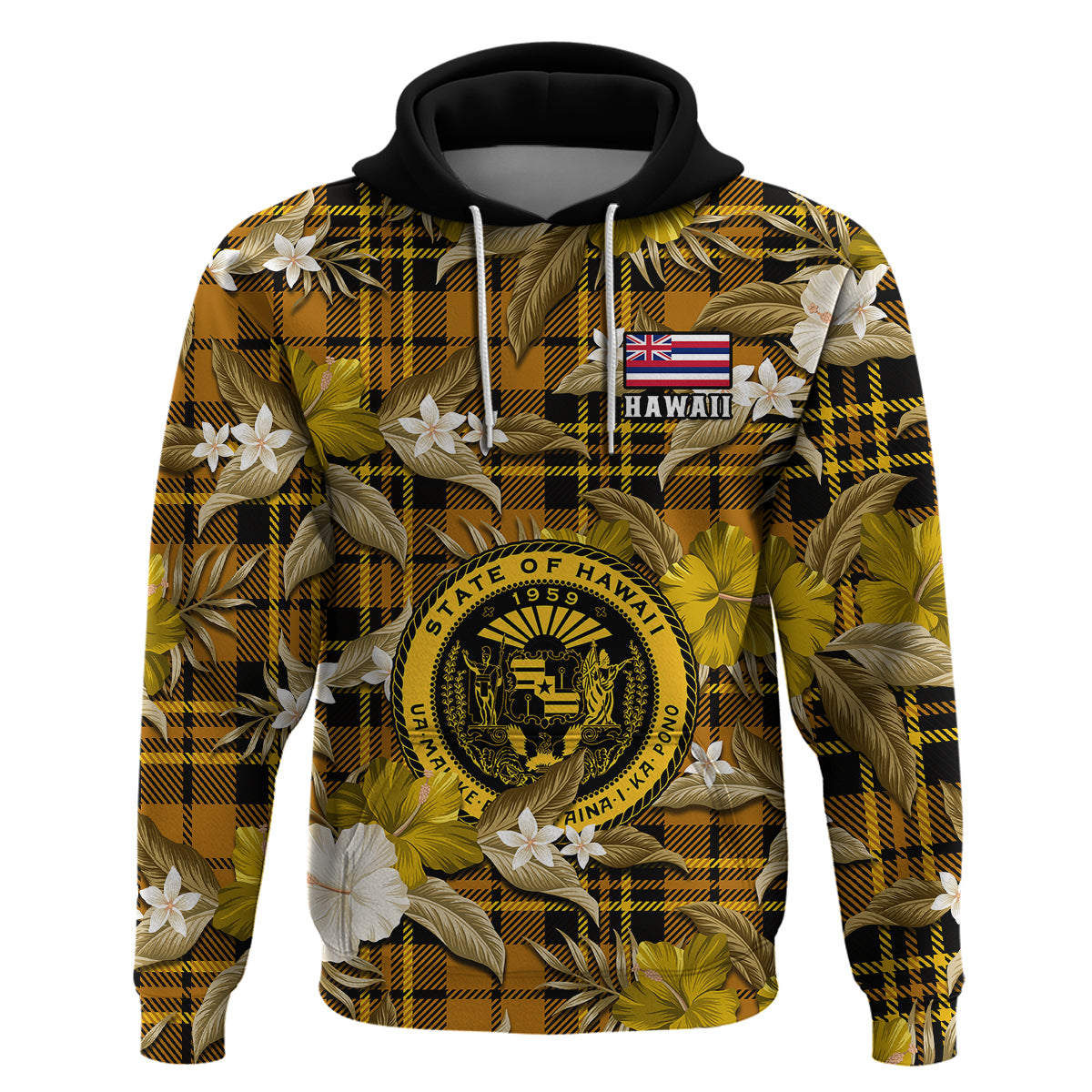 Hawaii State Hoodie Tropical Flowers Mix Tartan Gold Version LT14 - Polynesian Pride
