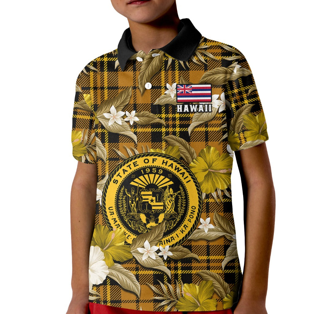 Hawaii State Kid Polo Shirt Tropical Flowers Mix Tartan Gold Version LT14 Kid Gold - Polynesian Pride