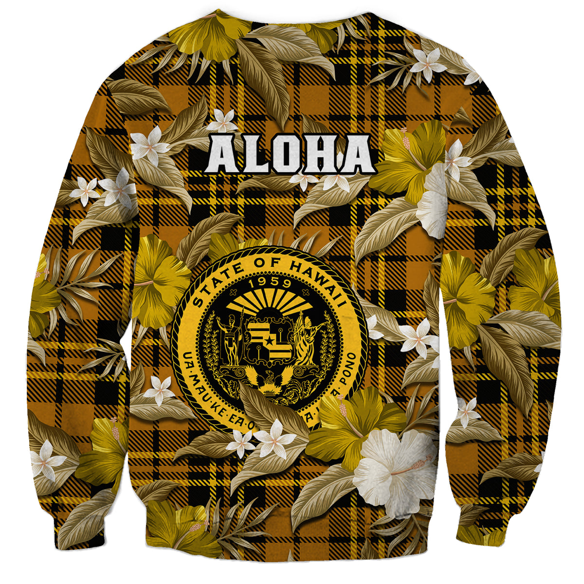 Hawaii State Sweatshirt Tropical Flowers Mix Tartan Gold Version LT14 - Polynesian Pride