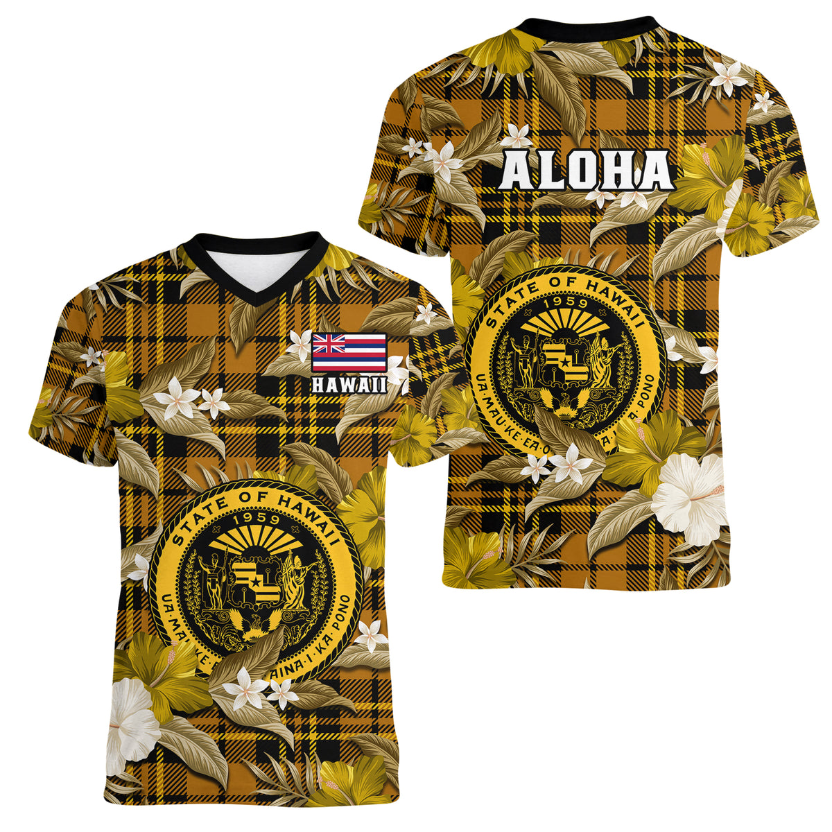 Hawaii State Women V Neck T Shirt Tropical Flowers Mix Tartan Gold Version LT14 Female Gold - Polynesian Pride