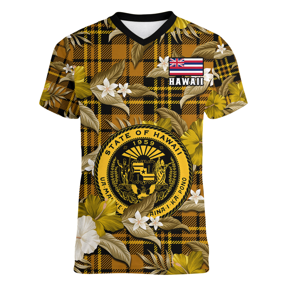 Hawaii State Women V Neck T Shirt Tropical Flowers Mix Tartan Gold Version LT14 - Polynesian Pride