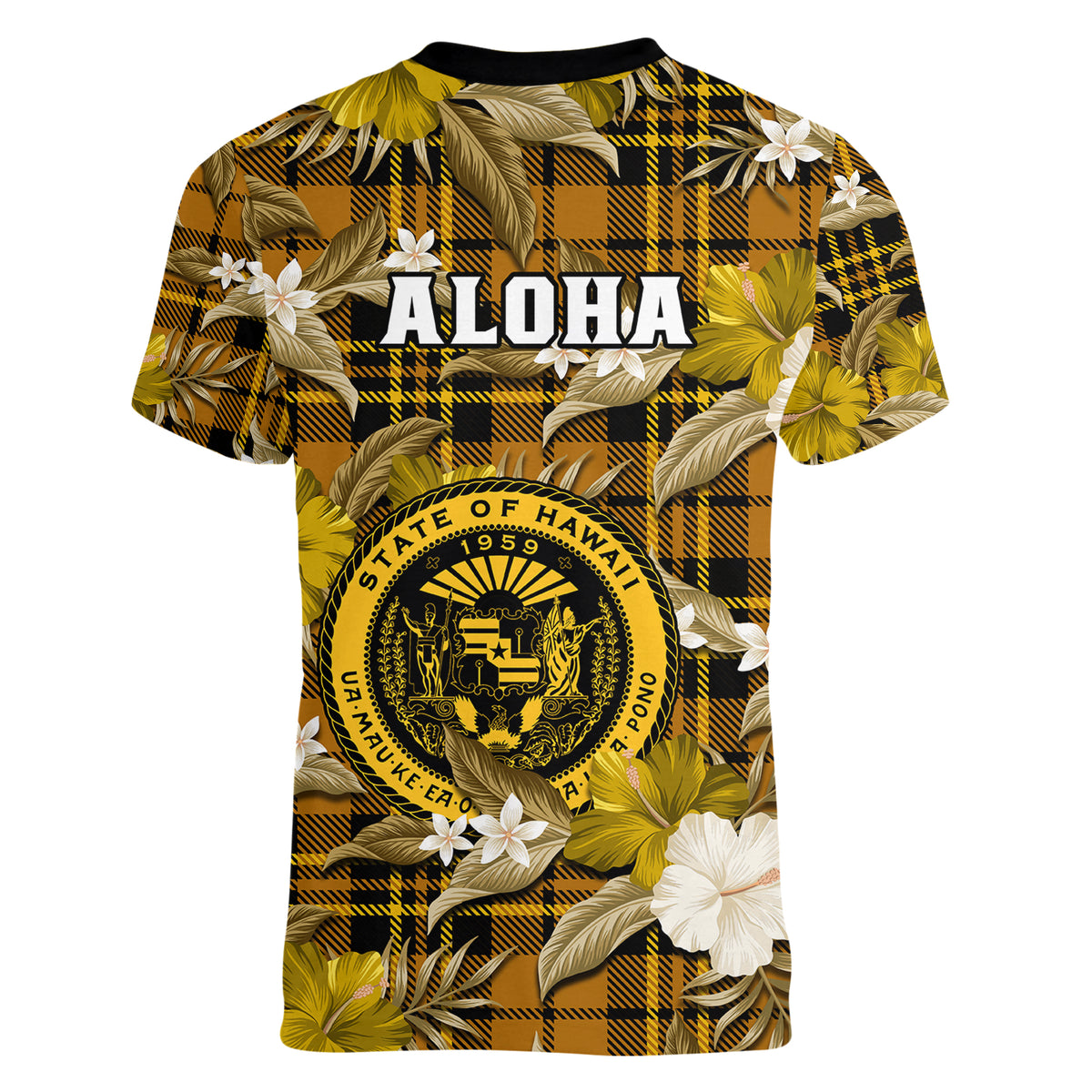 Hawaii State Women V Neck T Shirt Tropical Flowers Mix Tartan Gold Version LT14 - Polynesian Pride