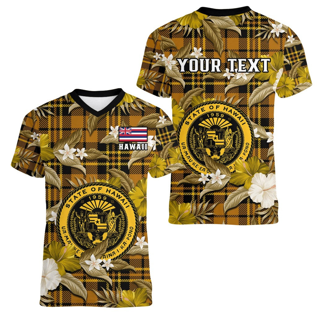 (Custom Personalised) Hawaii State Women V Neck T Shirt Tropical Flowers Mix Tartan Gold Version LT14 Female Gold - Polynesian Pride