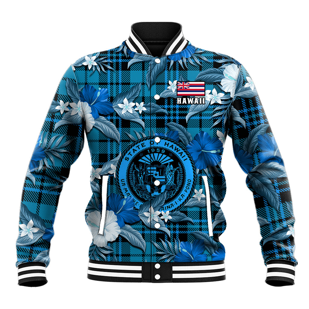 Hawaii State Baseball Jacket Tropical Flowers Mix Tartan Blue Version LT14 Unisex Blue - Polynesian Pride