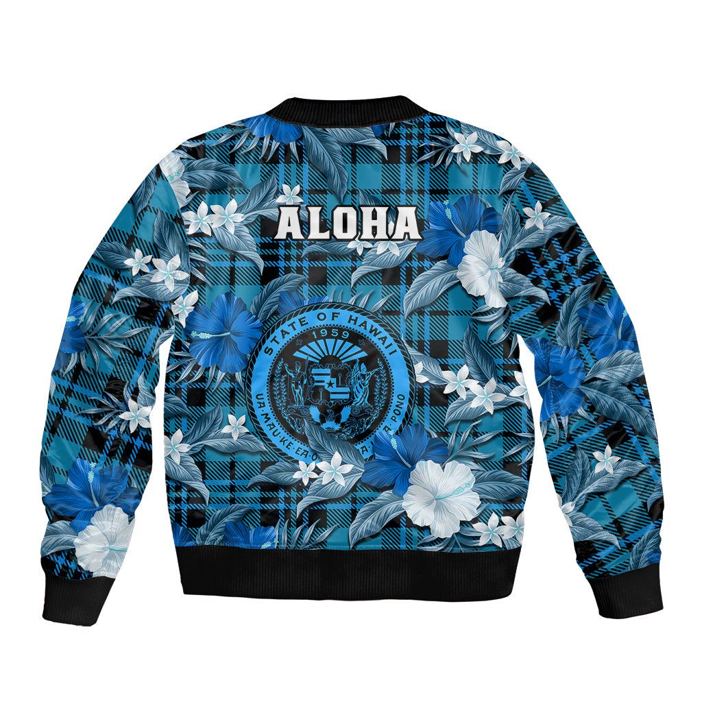 Hawaii State Bomber Jacket Tropical Flowers Mix Tartan Blue Version LT14 - Polynesian Pride