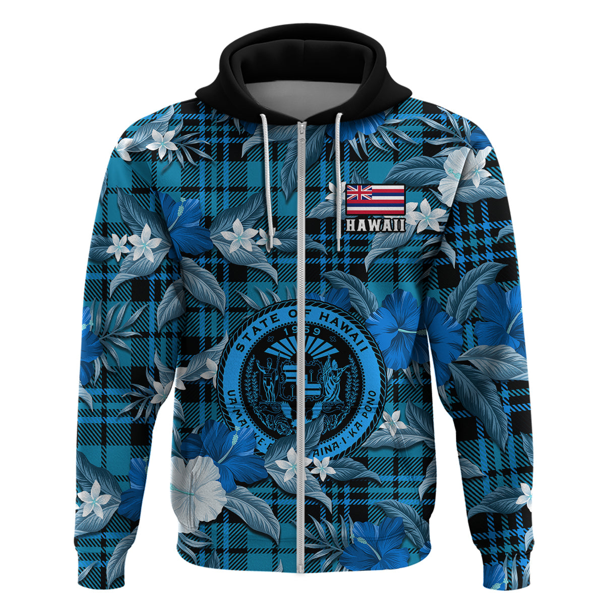 Hawaii State Hoodie Tropical Flowers Mix Tartan Blue Version LT14 - Polynesian Pride