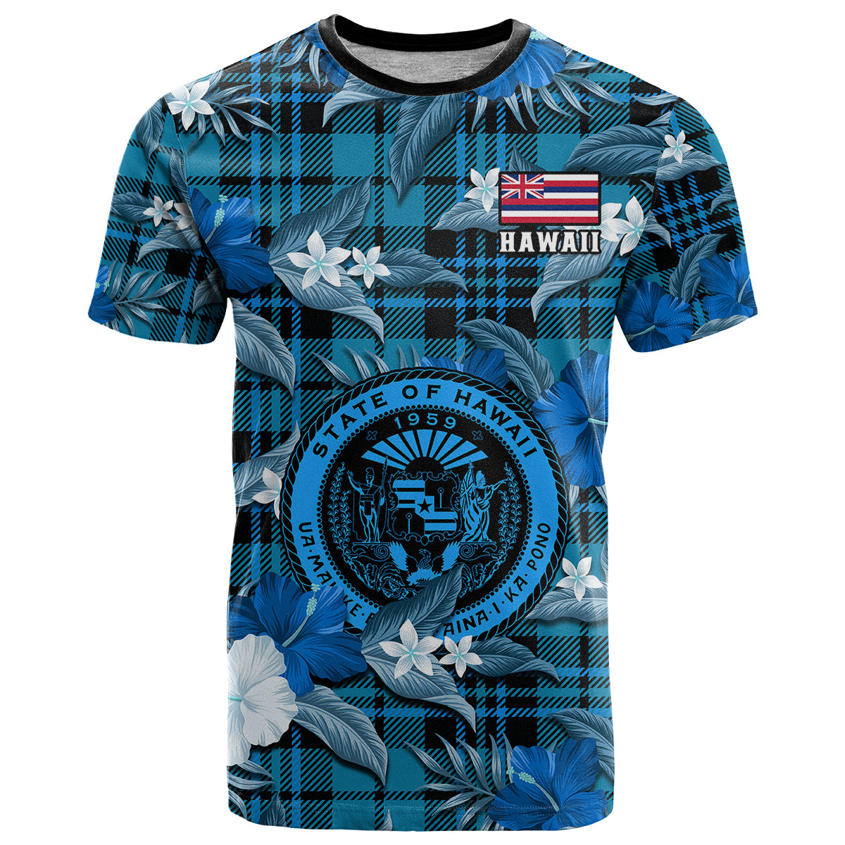 Hawaii State T Shirt Tropical Flowers Mix Tartan Blue Version LT14 Blue - Polynesian Pride