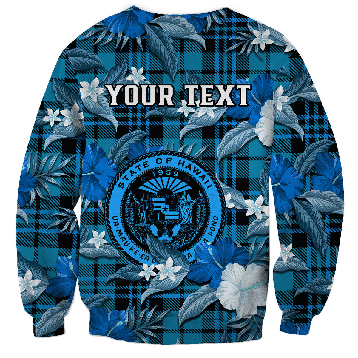 (Custom Personalised) Hawaii State Sweatshirt Tropical Flowers Mix Tartan Blue Version LT14 - Polynesian Pride