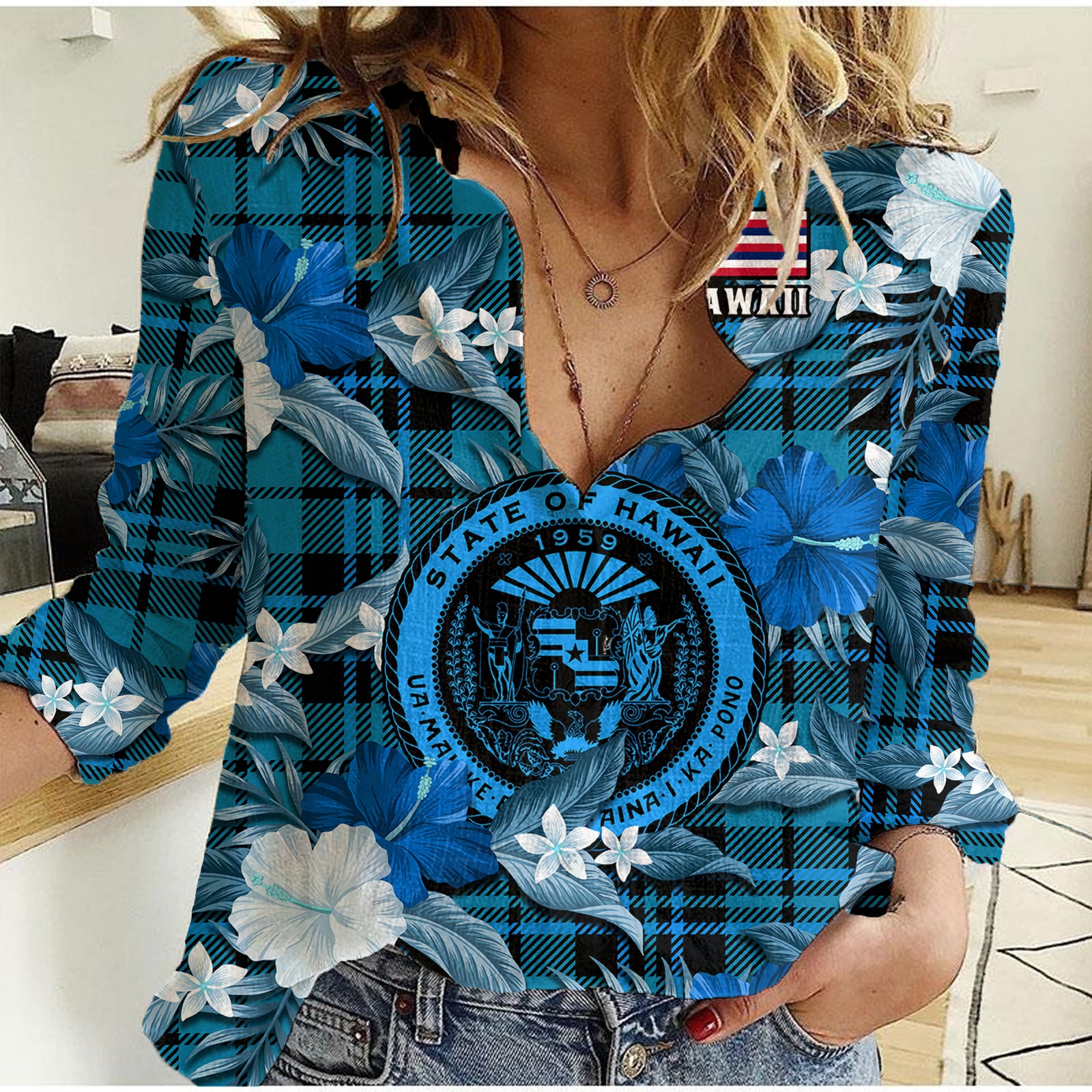 (Custom Personalised) Hawaii State Women Casual Shirt Tropical Flowers Mix Tartan Blue Version LT14 Female Blue - Polynesian Pride