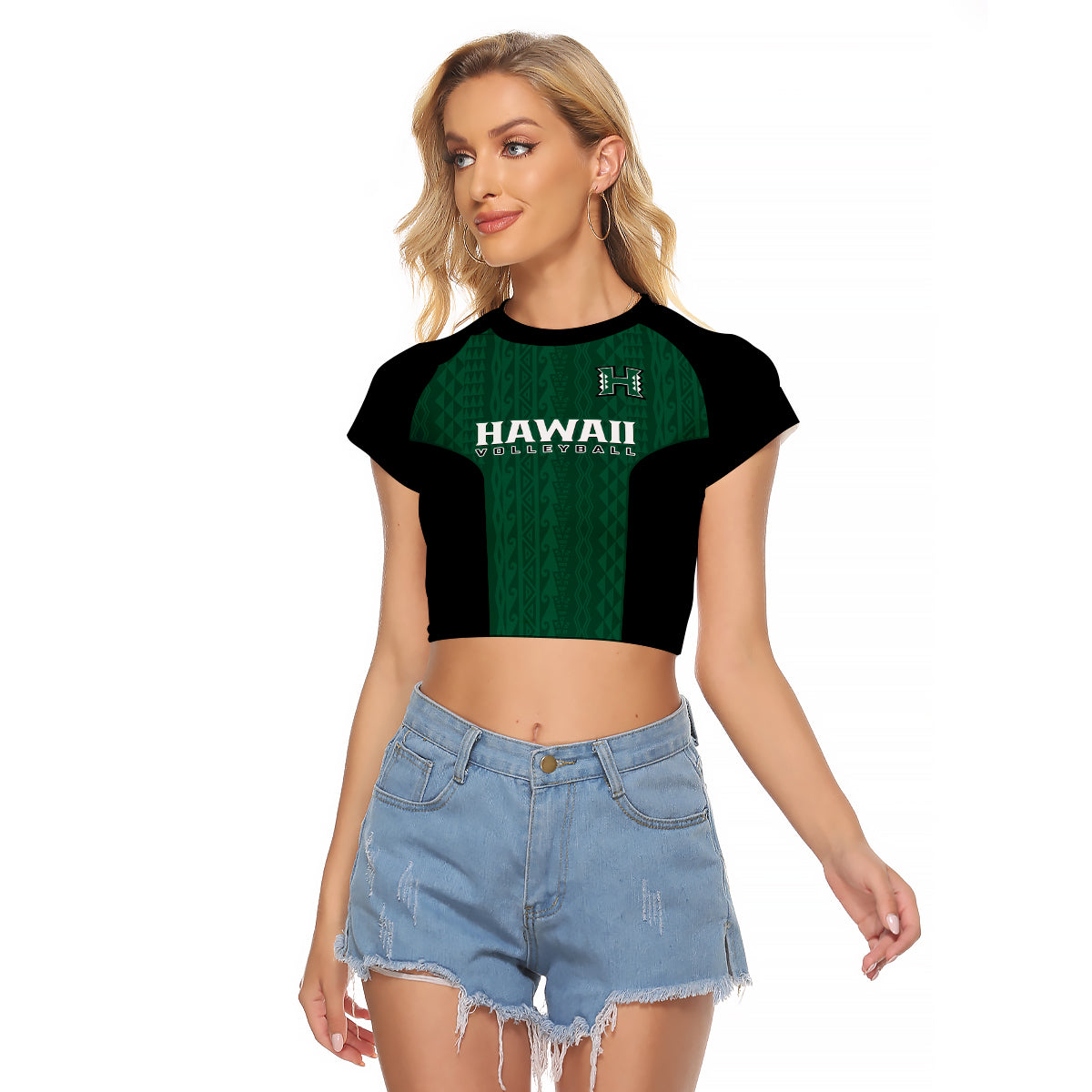 Hawaii Volleyball Raglan Cropped T Shirt Hawaiian Kakau Green Style LT14 Female Green - Polynesian Pride