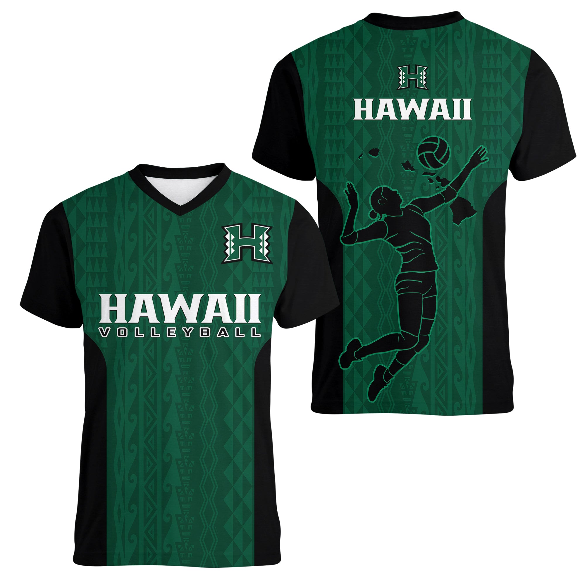 Hawaii Volleyball Women V Neck T Shirt Hawaiian Kakau Green Style LT14 Female Green - Polynesian Pride