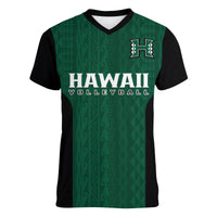 Hawaii Volleyball Women V Neck T Shirt Hawaiian Kakau Green Style LT14 - Polynesian Pride