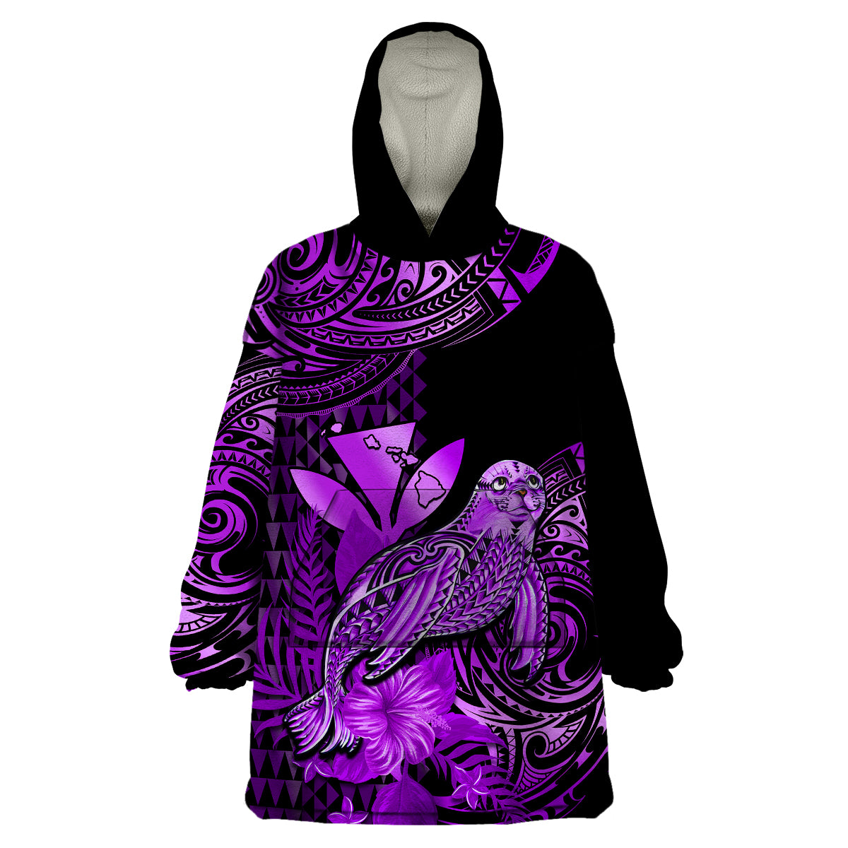 (Custom Personalised) Hawaii Monk Seal Wearable Blanket Hoodie Polynesian Kakau With Kanaka Purple LT14 Unisex One Size - Polynesian Pride